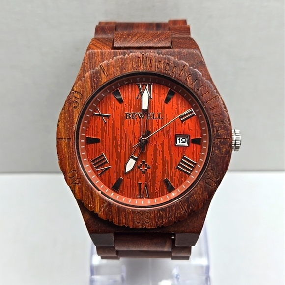 Mens Bewell Zebra Wood 45mm Date Watch Analog Quartz Lightweight Handmade Unique - Picture 1 of 9